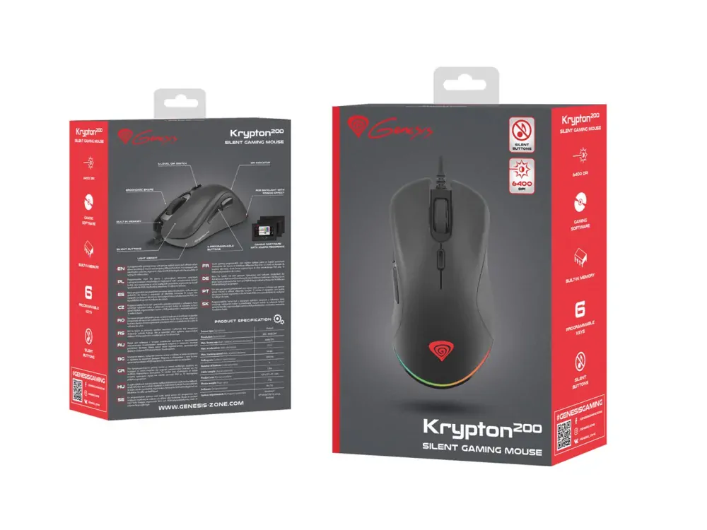 Genesis herní optická myš KRYPTON 200/RGB/6400 DPI/Herní/Optická/6 000 DPI/Drátová USB/Černá